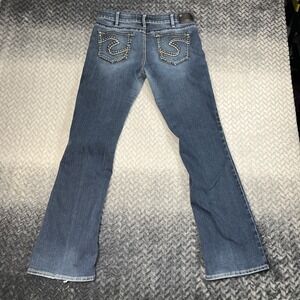 Silver Aiko Boot Cut Blue Jeans Denim Women 32x35 Low Rise Embellished Whiskers